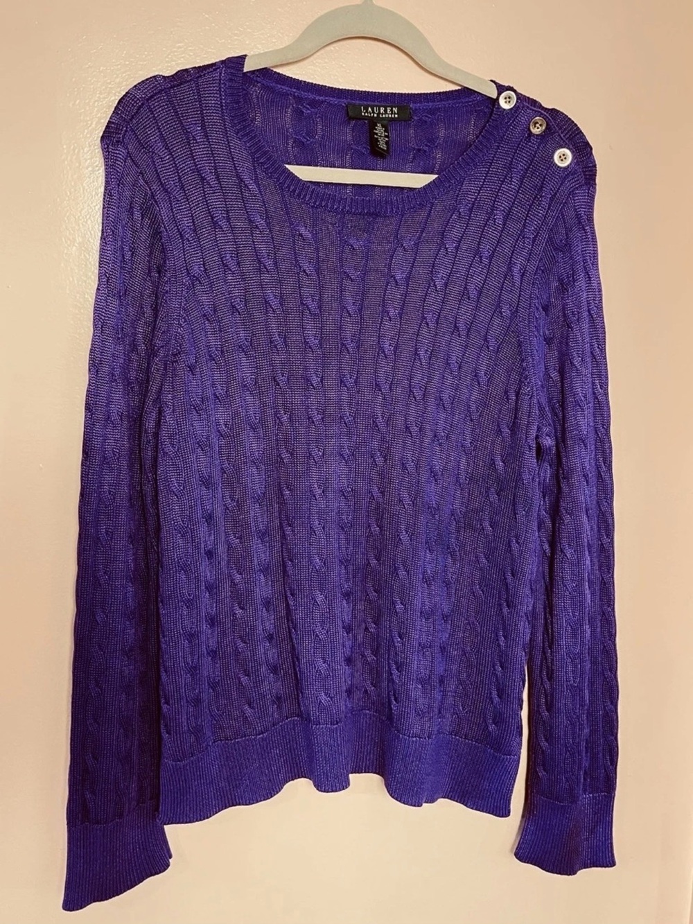 Vtg RALPH LAUREN Sweater Womens Cable Knit Purple & Gold Button Pullover Size XL